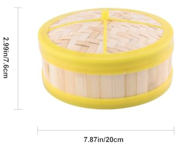 PRETYZOOM Vaporera de Bambú con Borde Plástico Amarillo y Tapa 20 CM para Dim Sum Bollos y Verduras al Vapor Utensilio de Cocina Tradicional Asiático para Preparar Comida China