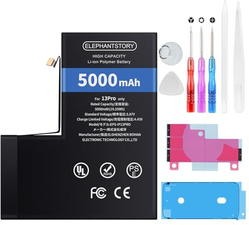 ElephantStory Batterie pour iPhone 13 Pro, 5000 mAh Haute Capacité Lithium Polymère Batterie de Remplacement pour Modèles A2638 A2483 A2636 A2639 A2640 avec Guide et Les Outils de Réparation