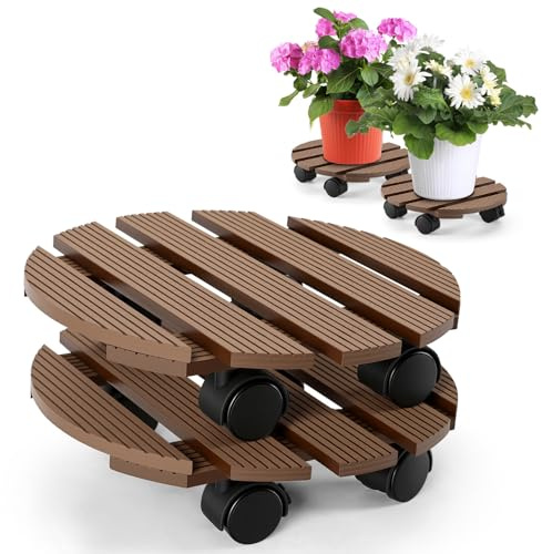 Peviasot Pflanzenroller rund 2er Set aus WPC, Durchmesser 30 cm, stabile Pflanzenständer mit Rollen und Bremsen, wetterfest, belastbar bis ca. 80 kg je Roller, für Pflanzenkübel Innen & Außen – Braun