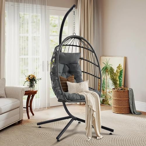 Dephet Hanging Egg Chair with Stand, Foldable Wicker Porch Swing Chair Outdoor Indoor, Heavy Duty Rattan Hammock Chairs with Cushion Headrest, Bedroom Balcony Patio Lounge Furniture, 350LBS (Grey)