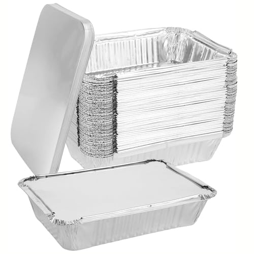 Lepidi 30 Piezas Bandejas de Aluminio con Tapa, Bandejas Desechables para Asar Apto, Bandejas de Aluminio Desechables con Cepillo de Silicona, para Horno, Asar, Vocinar (22 x 16 x 5cm)