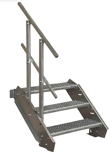 SRM Design 3 Stufen Stahltreppe Breite 80 cm verzinkt 1x Geländer | Geschosshöhe 40 - 60 cm feuerverzinkt robuste Außentreppe Wangentreppe stabile Industrietreppe Außenbereich