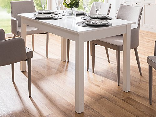 möbelando Esszimmertisch 4-Fuß mit Auszugfunktion in weiß, Stoß und kratfest, Platz für bis zu 6 Personen - 120 (160) x 76,5 x 70 cm (B/H/T) Auszugtisch, Holztisch, Esstisch, Küchentisch