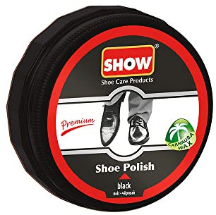 SHOW Premium Carnaubawachs Schuhcreme – Uni 50 ml Politur Creme Glanz pflegt und schützt Schuhe und Stiefel – Lederpflegeprodukte, 1 Stück, schwarz, 50ml
