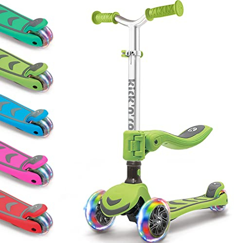 Kicknroll Kids Scooter with Removable Seat & Flashing LED Lights, Foldable Kick Scooter for Boys Girls Ages 3-8, 4 Levels Adjustable Height, Safe Lean to Steer, 3 Wheel Scooters for Kids - Green