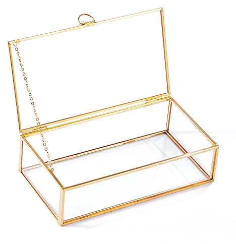 HCENJOC Goldene Vintage-Schmuckschatulle mit Glasdeckel, rechteckig, für Schmuck, Ringe, Armbänder, Heimdekoration (20,3 x 11,4 x 5,1 cm)