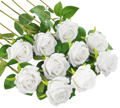 Künstliche Rosen mit langem Stiel für Dekoration, Blumenstrauß, Hochzeit, Blumenarrangement, 10 Stück (weiß)