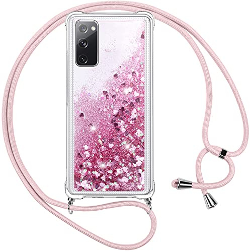 Vauki handyband Glitzer Handyhülle für s20fe Flüssig Treibsand Cover mit Band Necklace Weich Transparent Silikon TPU Bumper Schutzhülle mit Kordel zum Umhängen Case für Samsung Galaxy S20 FE 5G 6,5
