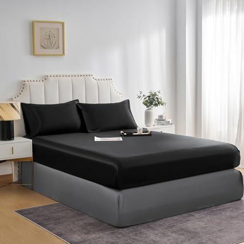 JHCHMX Satin Double Black Fitted Sheet,Deep Pocket Silky Double Bed Sheet,Soft Satin& Wrinkle Resistant Fitted Bed Sheet Black Double 135x190cm