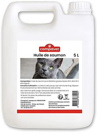 Compavet Huile de Saumon - pour Chiens et Chats - Source d'Oméga 3 - Beauté du Pelage - Brillance des Poils - Santé de la Peau - Confort Cardio-vasculaire - Développé en France (5L)