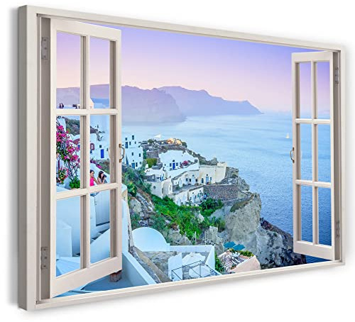 Printistico Bilder Fensterblick 80x60cm Baumwoll-Leinwand auf Keilrahmen mit Aufhänger moderner Kunstdruck XXL Wandbilder Wand-Dekoration Griechenland Meer Ausblick Weiße Gebäude - Natur-Fotografie