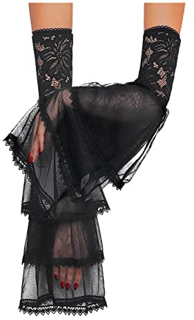 keland Gotisch Lange Spitze Handschuhe Spitzenhandschuhe Fischnetz Arm Manschetten für Damen Halloween Hexe Cosplay (Schwarz-003)