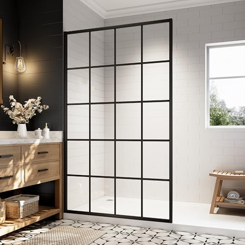 48''W x 74''H Framed Shower Screen Walk-in,French Style Grid Pattern Glass Shower Door in Matte Black Finish,Shower Glass Panel with 5/16 (8mm) Clear SGCC Tempered Glass, Easy Installation