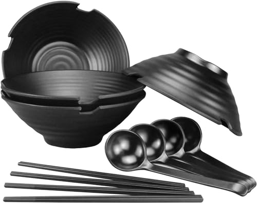 4 set (12 pezzi) ciotole per zuppa di noodle giapponesi, 1100ml ciotole per ramen, stoviglie in lavabile in lavastoviglie con cucchiaio e bacchette abbinati, per Udon, tagliatelle asiatiche (4)