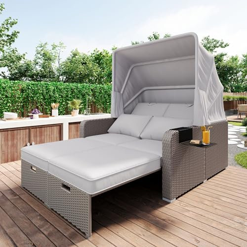 HYUB Sonneninsel mit Dach, Polyrattan mit aufklappbarem Sonnendach inkl. Kissen für 2 Personen, Funktions Gartenmöbel Loungemöbel Sitzgruppe Garnitur Outdoor, Gartensofa, Loungesofa (Khaki)