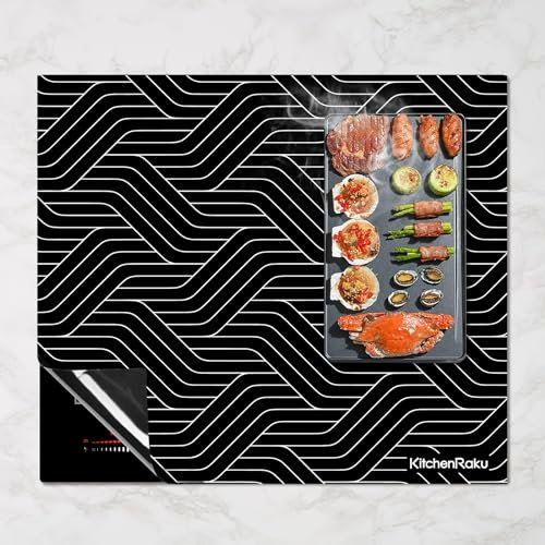 KitchenRaku Large Induction Hob Protector Mat 61x53cm, (Magnetic) Silicone Induction Cooker Covers, Electric Cooker Scratch Protector for Induction Stove (Black Multiple Lines)