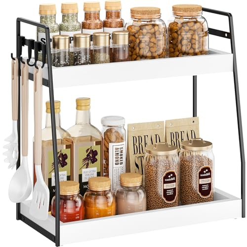 VITVITI Gewürzregal mit 2 Ebenen, Küchenregal mit 4 Haken für Arbeitsplatte, Kaffeeständer aus Holz und Metall, für Küche, Badezimmer Organizer für Schminktisch, Schreibtisch, Büro, Kaffeestation