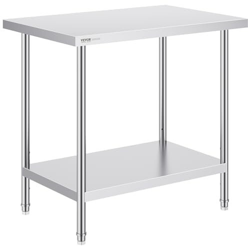 VEVOR Stainless Steel Prep Table, 24 x 36 x 34 Inch, Heavy Duty Metal Worktable with 3 Adjustable Height Levels, Commercial Workstation for Kitchen Garage Restaurant Backyard