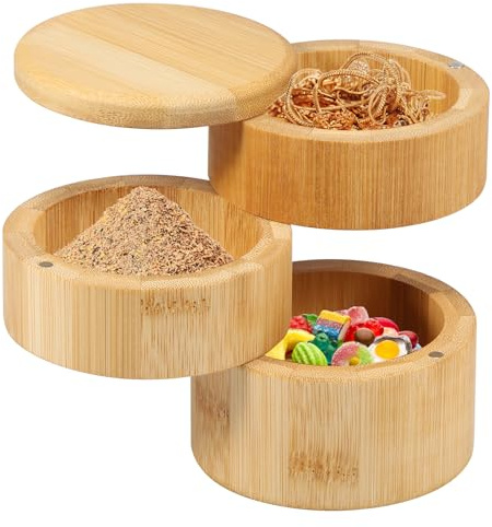 3 Layer Bamboo Salt Cellar Bowl Box with Magnetic Lid, 3 in 1 Elegant Bamboo Kitchen Salt Container Holder, One Hand Handling Salt Storage Container for Pepper Spice Bath Salt Sea Salt Herbs