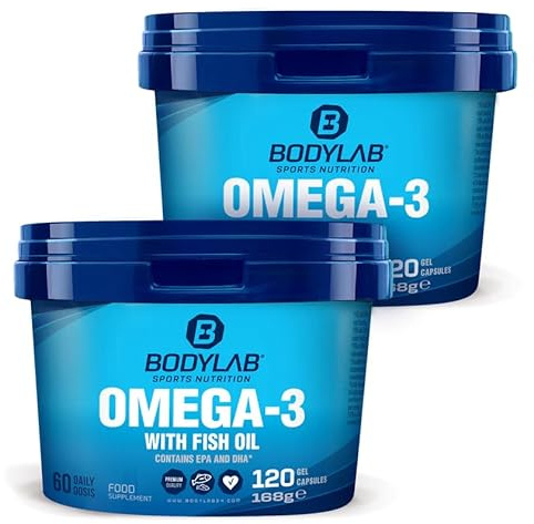 Bodylab24 Omega-3 Kapseln 2 x 120 Stück, mit 360mg Eicosapentaensäure (EPA) und 240mg Docosahexaensäure (DHA), mit wertvollen Fettsäuren als Triglyceride zur Anreicherung der täglichen Ernährung