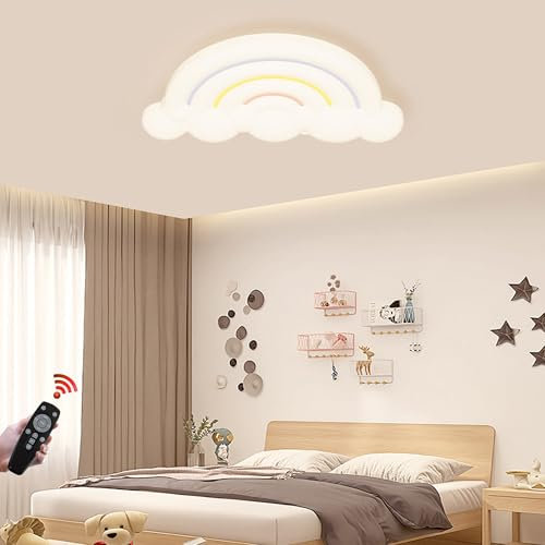 WOQuju Moderne Kreative Wolken- und Regenbogen-LED-Deckenleuchte, 50W Dimmbarer Kinderzimmer-Deckenlampe mit Fernbedienung