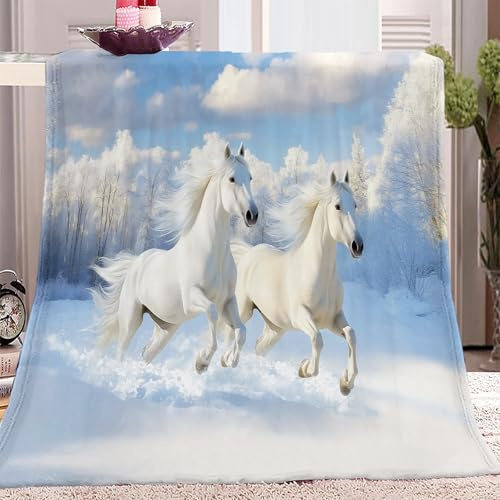 Tiere, Weißes Pferd, Schnee Kuscheldecke Weiß Flauschig Decke Fleecedecke, Sofa Überwurfdecke, Wohndecke Warm Weich Sherpa Wolldecke, Gemütlicher Überwurf Für Bett und Couch 200x220 cm