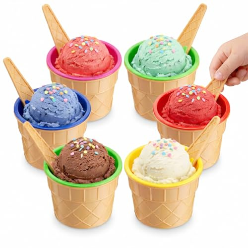 JoyServe Ice Cream Bowls and Spoons Set - (Pack of 12) Reusable Plastic Ice Cream Cups and Waffle Cone Shaped Spoons for Dessert, Frozen Yogurt, Gelato, Birthday Party Decorations