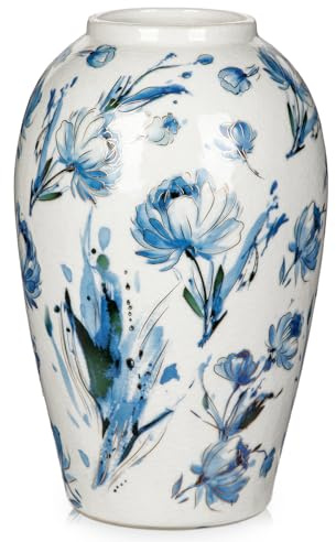Keramikvase Weiß und Blau Handgemachte Vintage Blumenvasen Deko Vase Tischvase aus Keramik für Deko Wohnzimmer Home Office, Vase für Pampasgras, Rustikales Antikes Dekor, Tischdeko, Trockenblumen