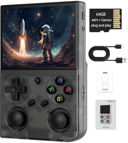 Console de jeu portable rétro G350, écran IPS de 3,5, système Linux intégré, carte TF 64 Go 4371, batterie de 3200 mAh (G350 transparent noir-nouveau)