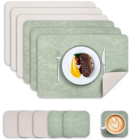 Wanfolle Tovagliette Americane Lavabili e Sottobicchieri, Set di 6 Tovagliette in Pelle PU Antiscivolo Resistenti al Calore, Verde Bianco Avorio