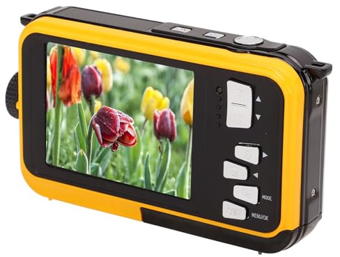 Underwater Digital Camera, Full HD 2.7K 48MP Water Proof Camera with Front Rear Selfie Dual Screen, 16x Digital Zoom, Camcorder for Travel Vlog (Yellow)