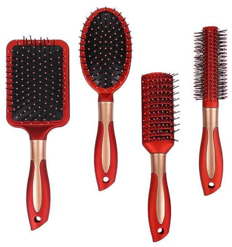 Hair Brush Set ，DDUP 4 PACK Anti Static Massage Oval Comb Round, Vent,Detangling,Paddle Brush for Women Men (Red)