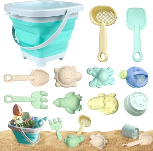 Neuytiky Juguetes Playa Bebe, 11 Piezas Juguetes de Arena de Playa con Cubo Plegable, Juego Cubo y Palas Playa para Niño Niña 1-4 Años