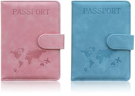 Prizmxed 2 Stück Reisepasshülle, RFID-Diebstahlschutz, Reisepass-Organizer, Magnetschnalle, leicht und tragbar, unverzichtbar für Geschäftsreisen (2, Rosa + Hellblau)