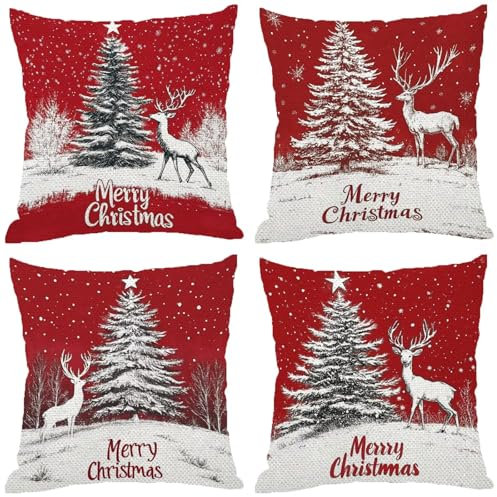 Fodere Cuscini da Esterno Impermeabili, Albero Di Natale Federe Cuscini Divano 70x70 Quadrate Set di 4, Doppia Faccia Stampa Lino Cushion Covers Rosso Cerniera Invisibile per Room Decor Regalo Z-533