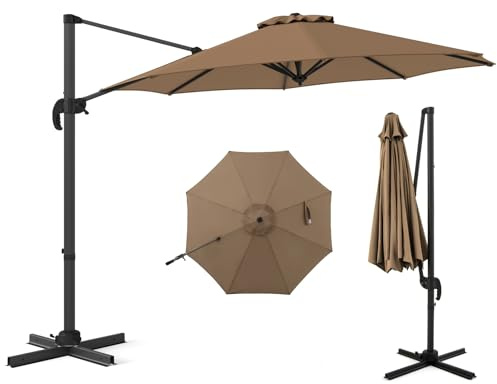 COSTWAY Parasol Déporté Professionnel 3M, Parasol de Jardin Exterieur avec Pied et Manivelle, Anti-UV, Pivotant à 360°, Inclinable, Poteau en Aluminium, pour Terrasse, Patio, Balcon (Brun)