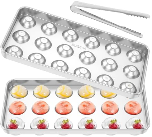 Stainless Steel Ice Cube Tray Round Ball Ice Maker Detachable Freezer Cube Mold with Lid and Tongs for Wine Beverage Bar Restaurant