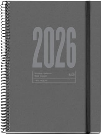 Miquelrius - Hållbar veckoplanerare 2026, liknande A5+ (155 x 213 mm), veckoplanerare, återvunnet kartongomslag, 100 g/m² återvunnet papper, gummiförslutning, CAT-EN-PT, grafit
