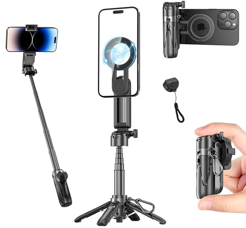 FOURPILLARS Magnetisches Mini Selfie Stick Stativ, Tragbares Selfiestick Klein mit Abnehmbarer Bluetooth-Fernbedienung für Fotos, 360° Drehung, Kompatibe mit iPhone & Android