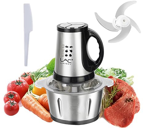 Hachoir à viande de 3 L avec poignée, hachoir à légumes avec bol en acier inoxydable 300 W, 3 vitesses, 1 spatule 4 pour aliments pour bébé, viande, légumes, fruits
