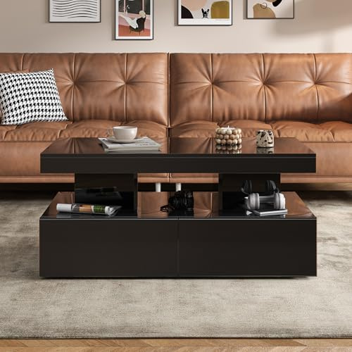 Ptueer Couchtisch mit LED, rechteckiger Wohnzimmertisch mit offenem Fach und 2 Schubladen, Kaffeetische, modernes Wohnzimmer, hohe Beleuchtung, 104x53x46 cm (Schwarz, 104 cm)