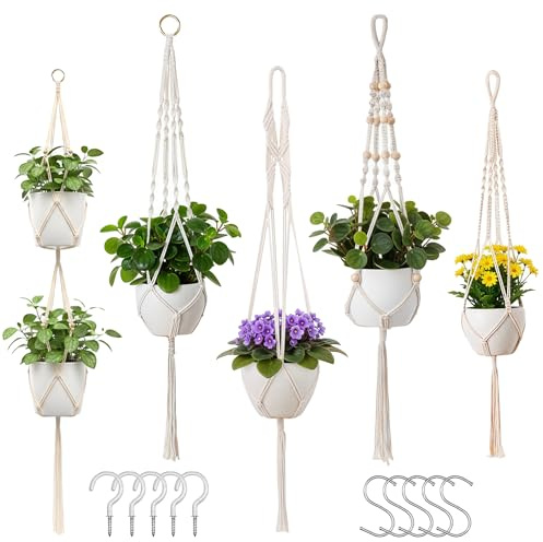 MooFoor Hanging Baskets Set of 5, Hand Cotton Rope Plant Hangers with 10 Hooks, Hanging Flower Pots Holder Decoration for Indoor & Outdoor, 2 Sizes: 4x105cm & 1x140cm