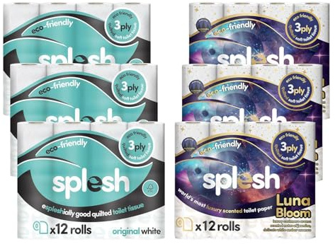 Splesh by Cusheen 3-ply Toilet Roll - Soft, Quilted Bulk Toilet Rolls, Eco-Friendly Toilet Tissue Loo Rolls, Made in UK - 72 Rolls (White 36s) & (Lavender 36s)