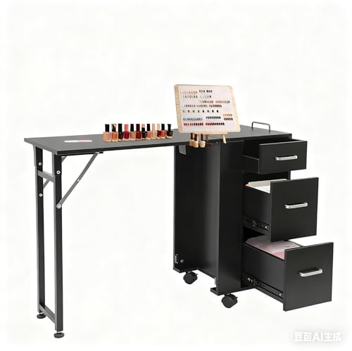 ROMYIX ﻿Maniküre Tisch Klappbar mit Rollen und 3 Schubladen, Nageltisch Maniküre 100kg Tragkraft, Faltbarer Nagelstudio Tisch, NagelTisch für Nagelstudio, Schönheitssalon und Zuhause (Schwarz)