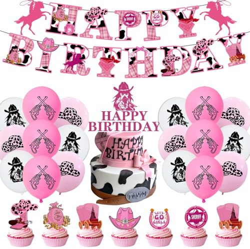 44 Stück Western Cowboy Geburtstagsdeko，SANYUANHE Rosa Cowboy Kuchen Deko，Luftballon Pferd，Banner für Cowboyhut Happy Birthday Cake Topper