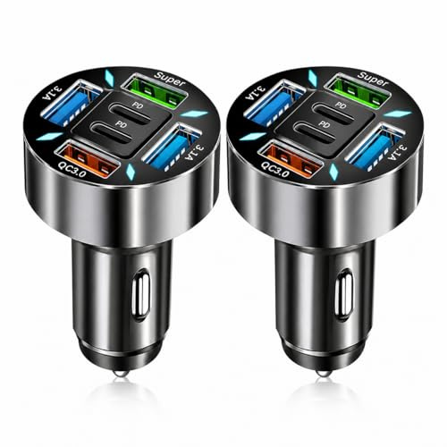 2 Pack 66W USB C Car Charger Adapter, 6 Port Car USB Charger, Fast Charging Car Phone Charger Cigarette Lighter USB Charger for Multiple Devices