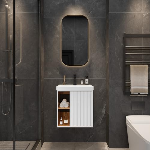 UEV Waschtisch mit Unterschrank hängend 50cm,Gäste-WC Waschtisch kleine, Waschbecken mit Wasserhahn, Waschtischunterschrank hängend, Waschplatz ausreichend Stauraum,Badmöbel Set für Badezimmer Weiß