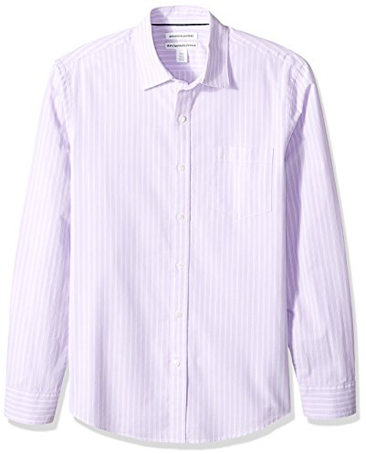 Amazon Essentials Men's Slim-Fit Long-Sleeve Poplin Shirt, Lavender White Double Stripe, L