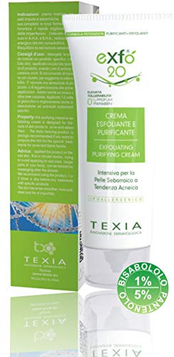 EXFO20 - Crema trattante per pelli impuree seborroiche. L’elevato contenuto in A.H.A. e B.H.A., realizza un energica attività esfoliante e comedolitica Riequilibra la secrezione sebacea.