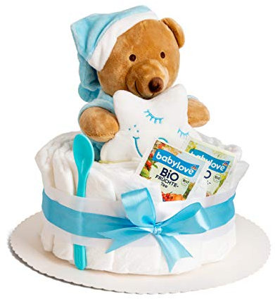Windeltorte Junge in Blau – Handgefertigtes Baby Geschenk zur Geburt & Taufe mit Kuscheltier, Windeln, Glückwunschkarte – Baby Windeltorte zur Babyparty Geschenkidee